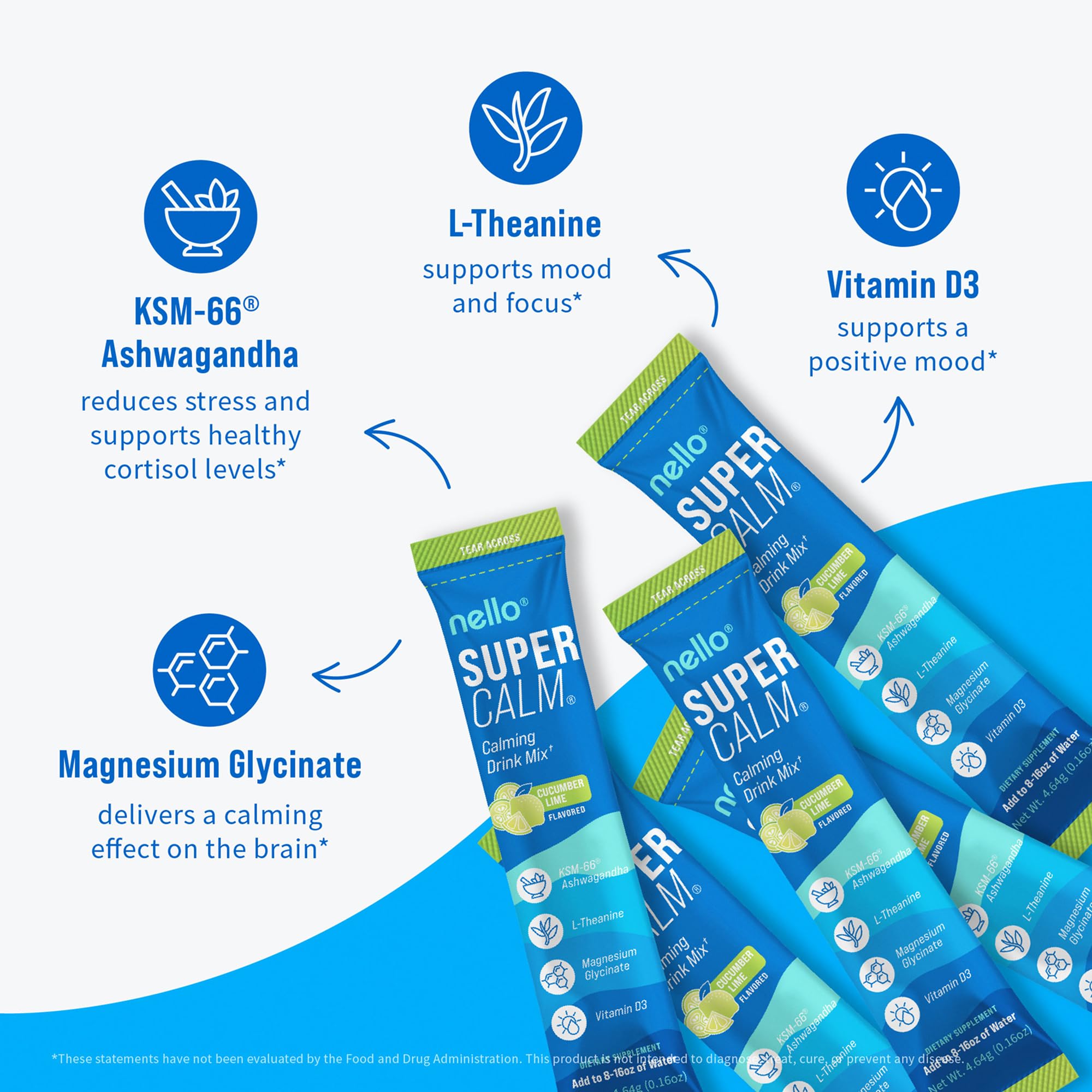 Nello Supercalm Powdered Drink Mix, Cortisol Reducer and Sleep Aid Supplement, L Theanine, Ksm-66 Ashwagandha, Magnesium Glycinate, Vitamin D 3, No Sugar, Non GMO, On The Go, 20 Ct, Raspberry Lemonade