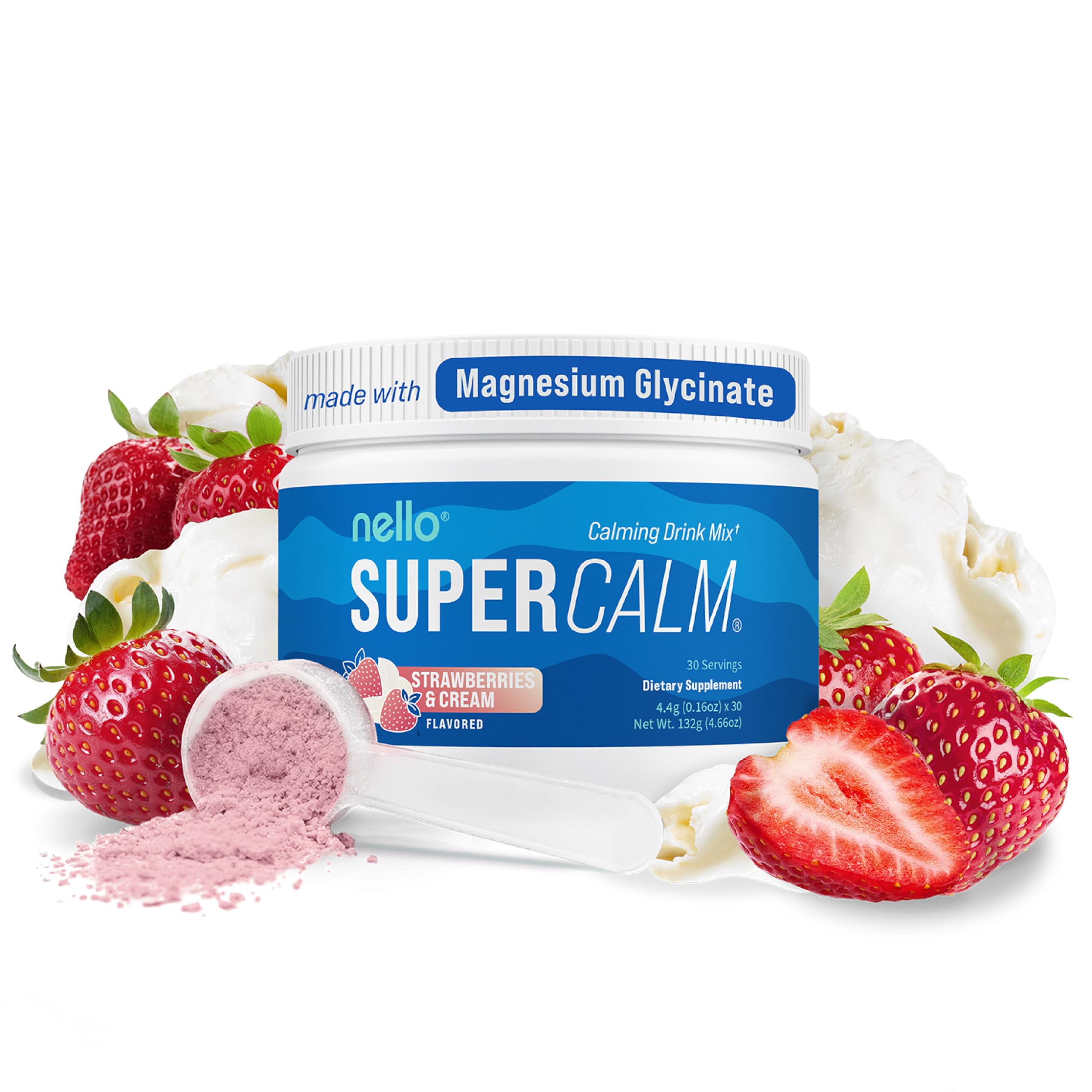 Nello Supercalm Powdered Drink Mix, Cortisol Reducer and Sleep Aid Supplement, L Theanine, Ksm-66 Ashwagandha, Magnesium Glycinate, Vitamin D 3, No Sugar, Non GMO, On The Go, 20 Ct, Raspberry Lemonade