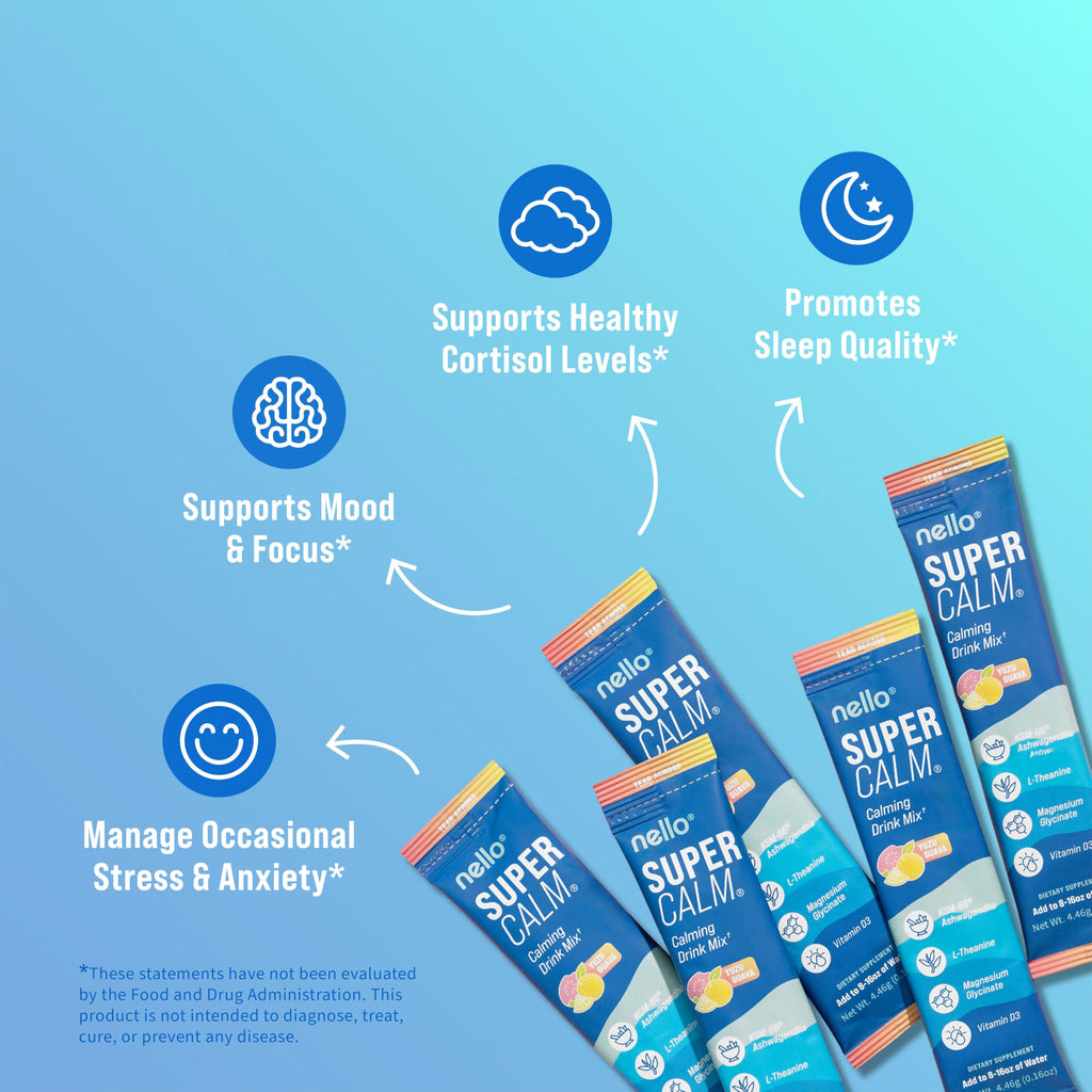 Nello Supercalm Powdered Drink Mix, Cortisol Reducer and Sleep Aid Supplement, L Theanine, Ksm-66 Ashwagandha, Magnesium Glycinate, Vitamin D 3, No Sugar, Non GMO, On The Go, 20 Ct, Raspberry Lemonade