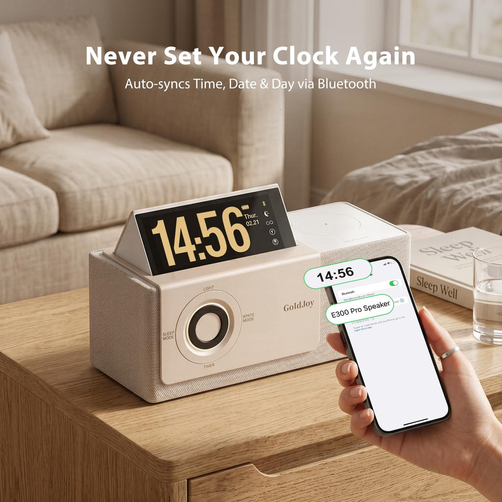GoldJoy 7-in-1 Bluetooth Speaker Wireless Charging Station, Smart Flip-Up LCD Display Clock Syncs Phone's Time and Date, Sunset Lamp & White Noise for Sleep, 4000mAh Battery for Home, Outdoors