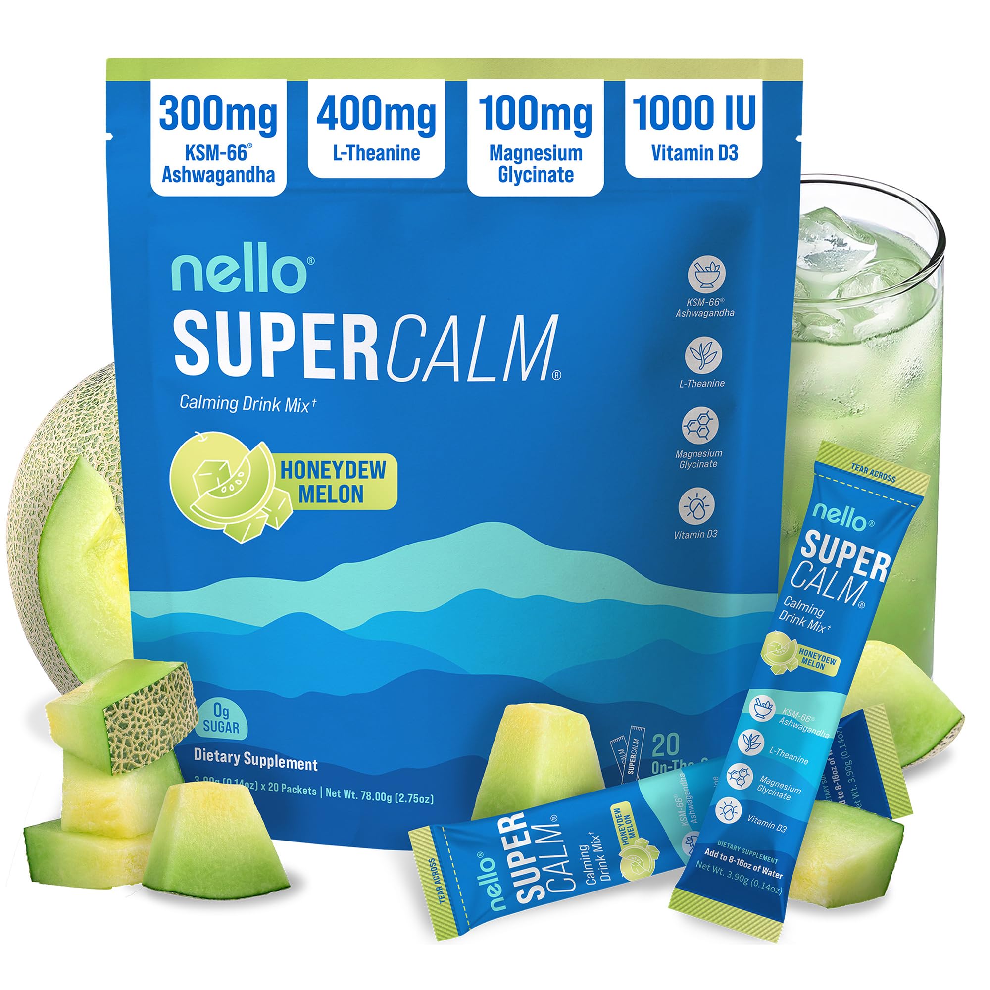 Nello Supercalm Powdered Drink Mix, Cortisol Reducer and Sleep Aid Supplement, L Theanine, Ksm-66 Ashwagandha, Magnesium Glycinate, Vitamin D 3, No Sugar, Non GMO, On The Go, 20 Ct, Raspberry Lemonade
