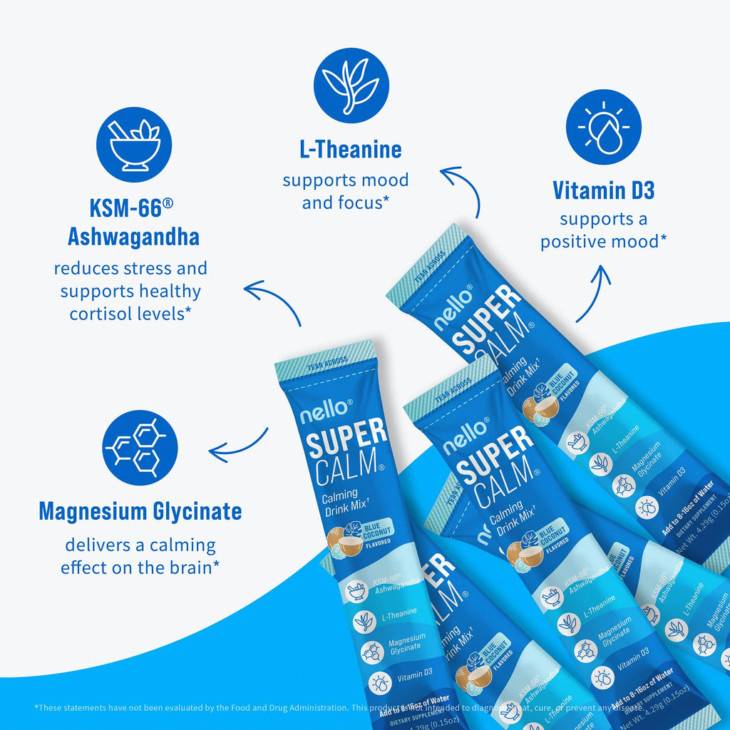 Nello Supercalm Powdered Drink Mix, Cortisol Reducer and Sleep Aid Supplement, L Theanine, Ksm-66 Ashwagandha, Magnesium Glycinate, Vitamin D 3, No Sugar, Non GMO, On The Go, 20 Ct, Raspberry Lemonade