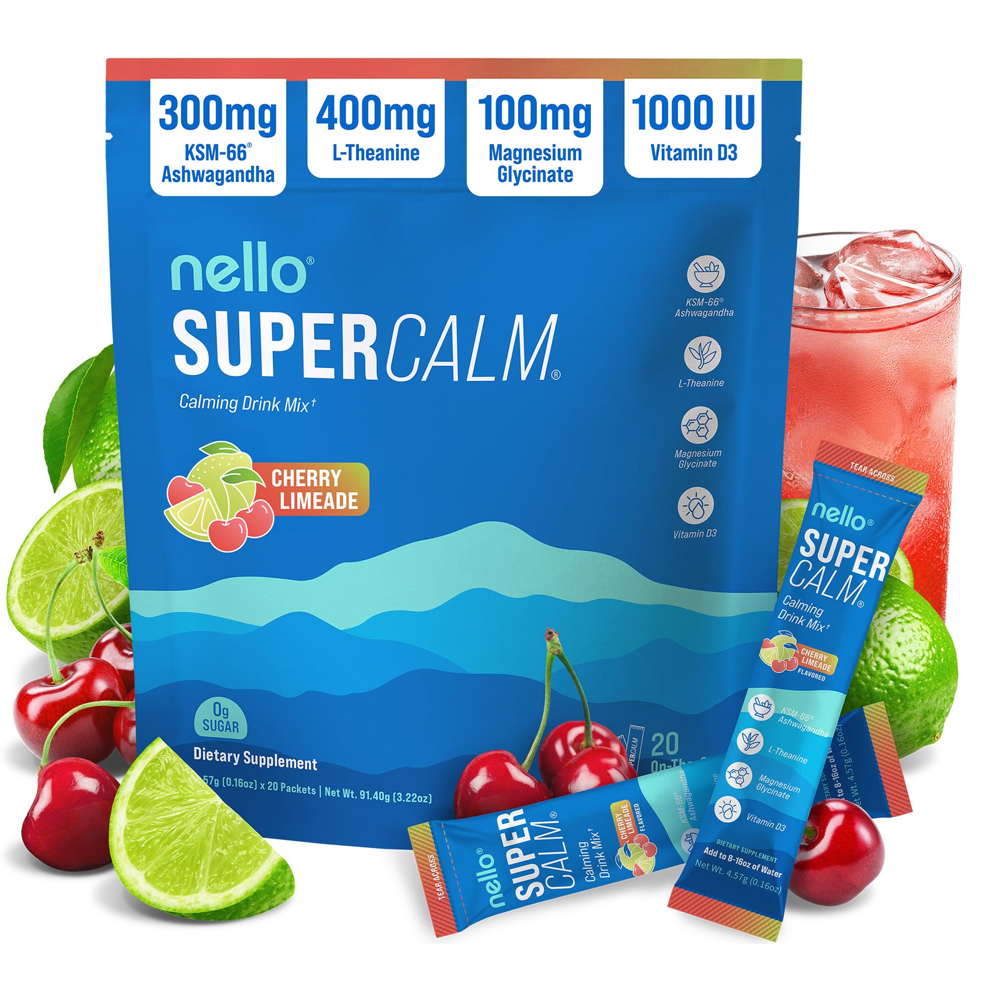 Nello Supercalm Powdered Drink Mix, Cortisol Reducer and Sleep Aid Supplement, L Theanine, Ksm-66 Ashwagandha, Magnesium Glycinate, Vitamin D 3, No Sugar, Non GMO, On The Go, 20 Ct, Raspberry Lemonade