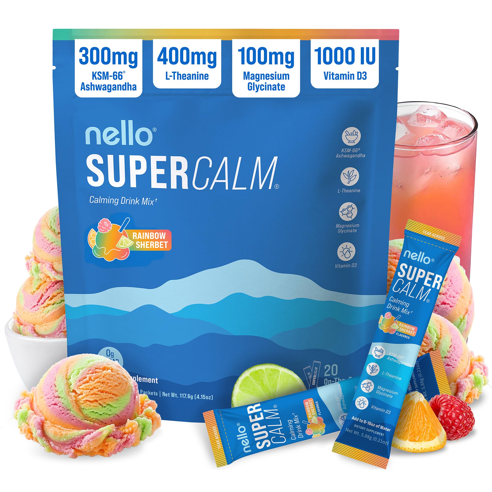 Nello Supercalm Powdered Drink Mix, Cortisol Reducer and Sleep Aid Supplement, L Theanine, Ksm-66 Ashwagandha, Magnesium Glycinate, Vitamin D 3, No Sugar, Non GMO, On The Go, 20 Ct, Raspberry Lemonade