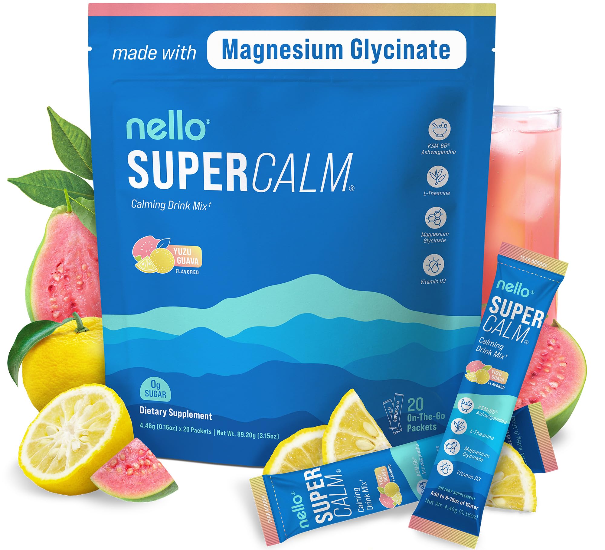 Nello Supercalm Powdered Drink Mix, Cortisol Reducer and Sleep Aid Supplement, L Theanine, Ksm-66 Ashwagandha, Magnesium Glycinate, Vitamin D 3, No Sugar, Non GMO, On The Go, 20 Ct, Raspberry Lemonade