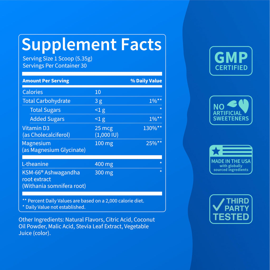 Nello Supercalm Powdered Drink Mix, Cortisol Reducer and Sleep Aid Supplement, L Theanine, Ksm-66 Ashwagandha, Magnesium Glycinate, Vitamin D 3, No Sugar, Non GMO, On The Go, 20 Ct, Raspberry Lemonade