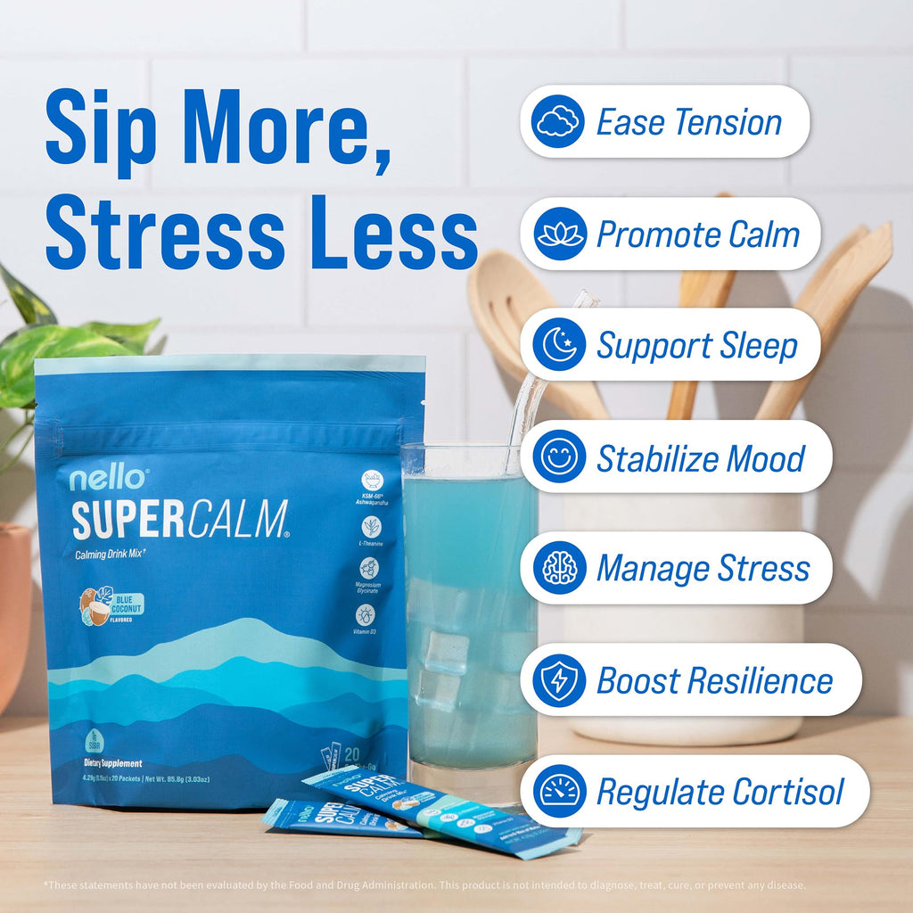 Nello Supercalm Powdered Drink Mix, Cortisol Reducer and Sleep Aid Supplement, L Theanine, Ksm-66 Ashwagandha, Magnesium Glycinate, Vitamin D 3, No Sugar, Non GMO, On The Go, 20 Ct, Raspberry Lemonade