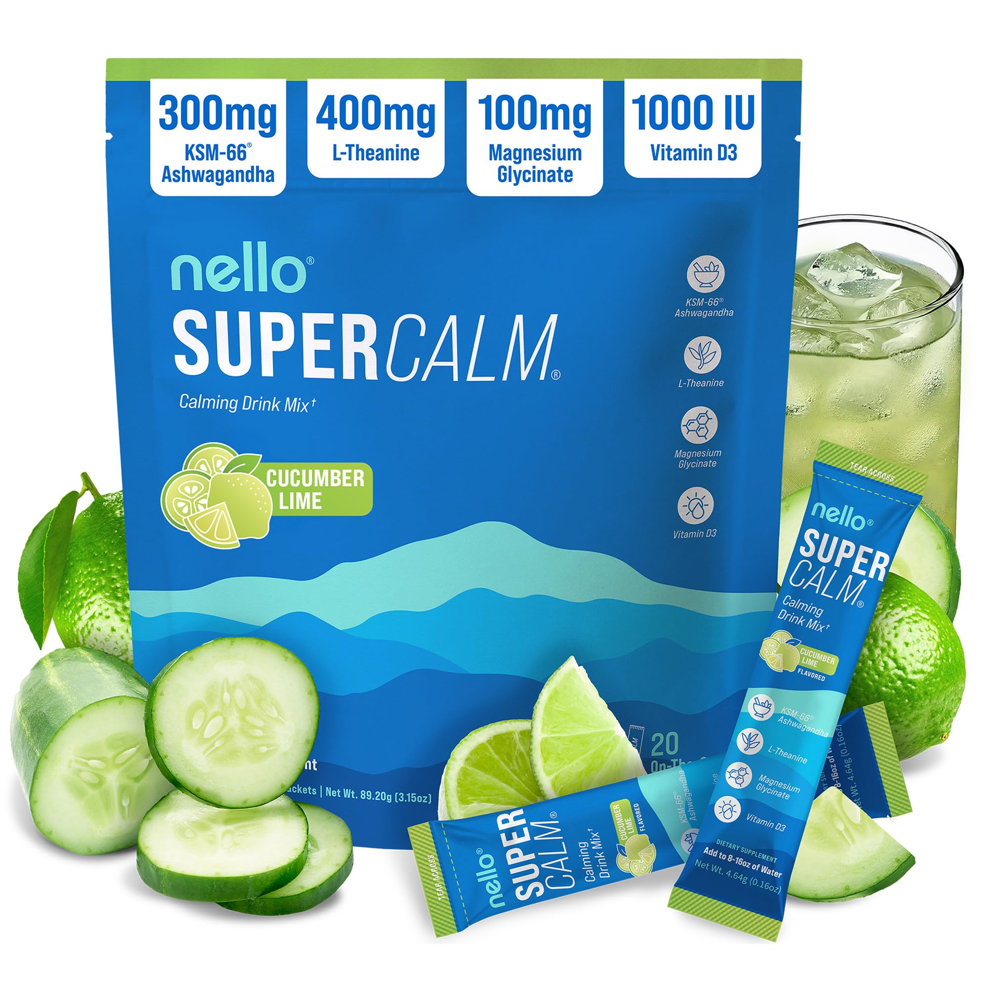 Nello Supercalm Powdered Drink Mix, Cortisol Reducer and Sleep Aid Supplement, L Theanine, Ksm-66 Ashwagandha, Magnesium Glycinate, Vitamin D 3, No Sugar, Non GMO, On The Go, 20 Ct, Raspberry Lemonade